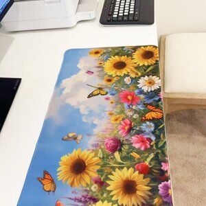 Long Gaming Mouse Pad Colorful Flower Butterfly Pattern Non-Slip Desk Mat